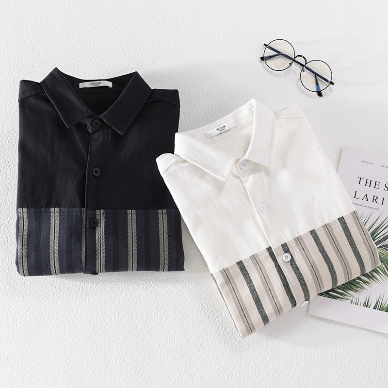 Men's Lightweight Cotton Overshirt with Woven Stripe Panels and Kent Collar Mune Fashion