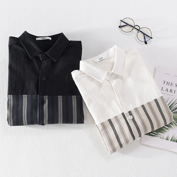 Men's Lightweight Cotton Overshirt with Woven Stripe Panels and Kent Collar Mune Fashion