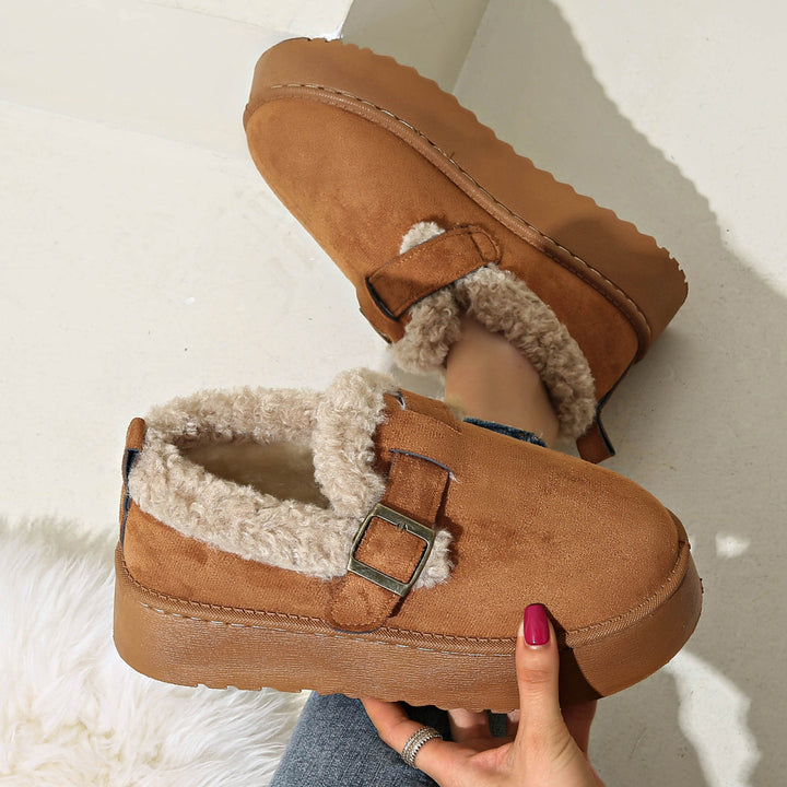 Women's Cozy Platform Slippers in Moccasin Style with Teddy Lining and Decorative Strap Mune Fashion