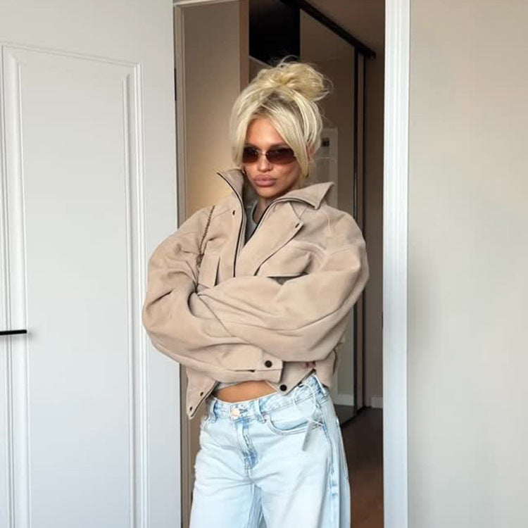 Women Oversize Suede Look Jacket with Flap Pockets and Stand-Up Collar Mune Fashion