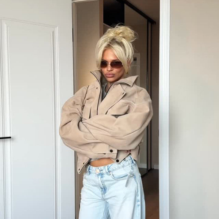 Women Oversize Suede Look Jacket with Flap Pockets and Stand-Up Collar Mune Fashion
