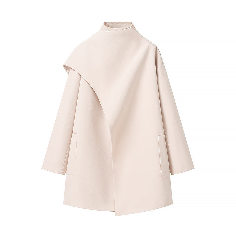 Women Asymmetrical Wool Blend Coat with Cape Overlay and Stand Collar Mune Fashion