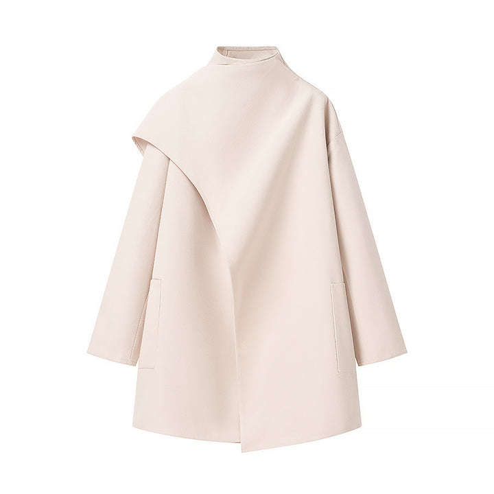 Women Asymmetrical Wool Blend Coat with Cape Overlay and Stand Collar Mune Fashion