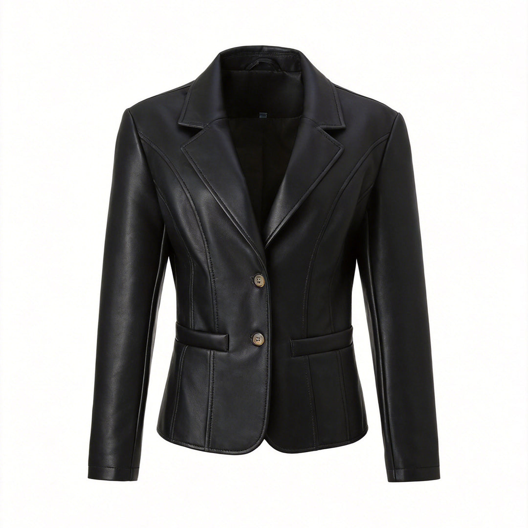 Women's short-cut synthetic leather jacket with round neck and patch pockets Mune Fashion