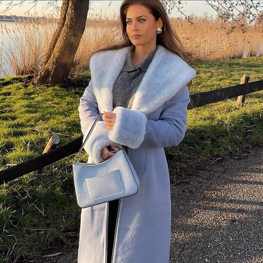 Women Elegant long-cut coat made of velour look with voluminous faux fur shawl collar Mune Fashion