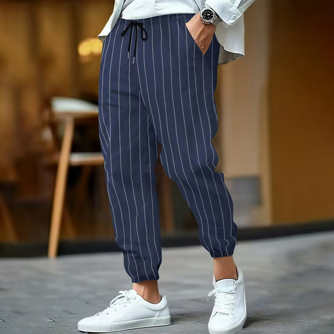 Men's striped linen look joggers with drawstring, elastic hem, and side pockets Mune Fashion