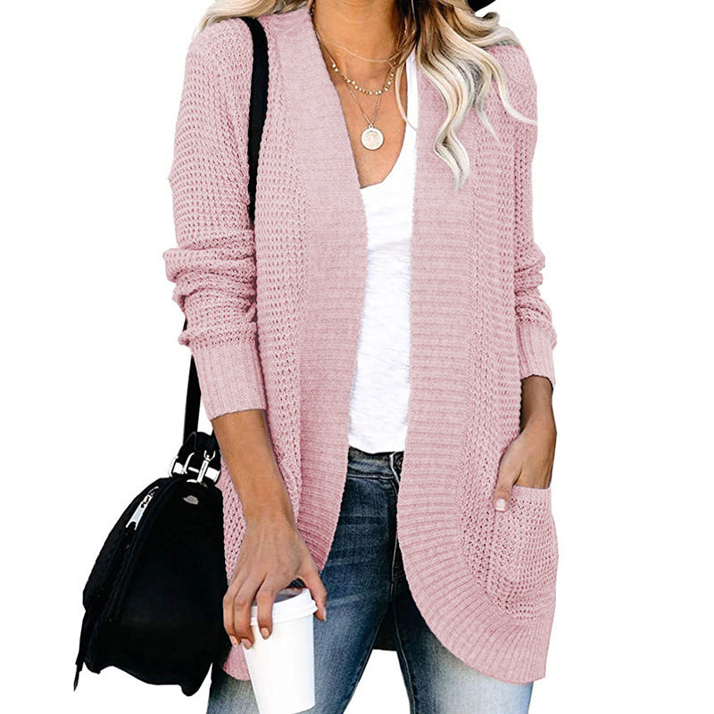 Women Long Open Knit Cardigan with Pockets, Ribbed Cuffs and Structured Waffle Look Mune Fashion