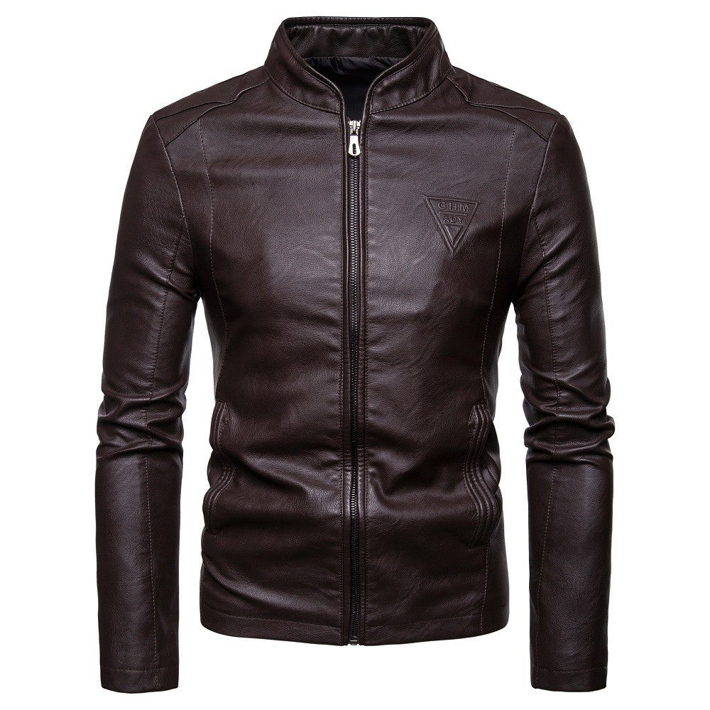 Men's Slim-Fit Faux Leather Jacket in Biker Style with Stand Collar and Front Zipper Mune Fashion
