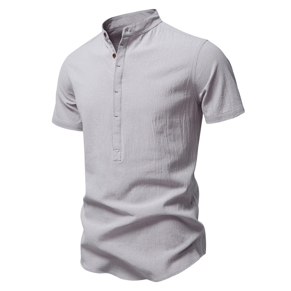 Men's casual short-sleeve shirt with stand-up collar, half button placket, and lightly textured cotton-linen quality Mune Fashion