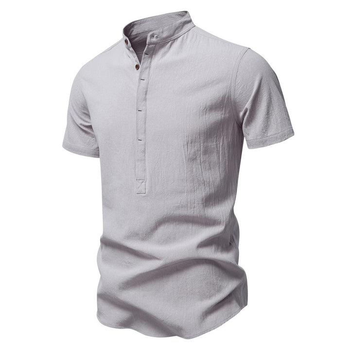 Men's casual short-sleeve shirt with stand-up collar, half button placket, and lightly textured cotton-linen quality Mune Fashion