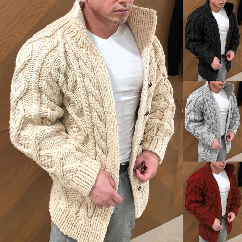 Men's Chunky Cable Knit Cardigan with High Standing Collar and Horn Buttons Mune Fashion