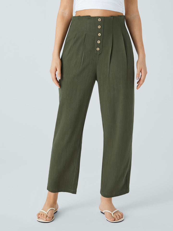 Women's High-Waisted Pleated Linen Pants with Decorative Button Placket Mune Fashion