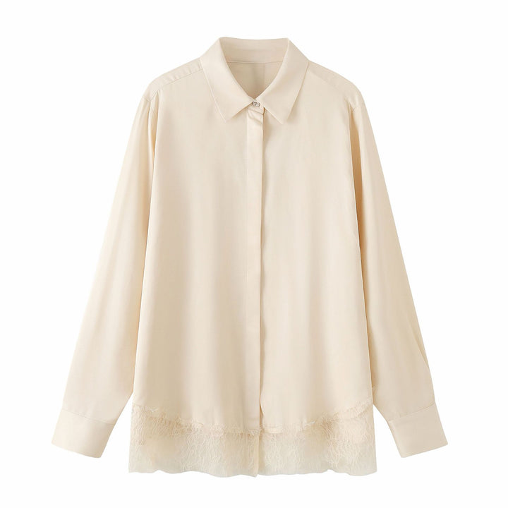 Women's Oversize blouse with concealed button placket and lace finish Mune Fashion