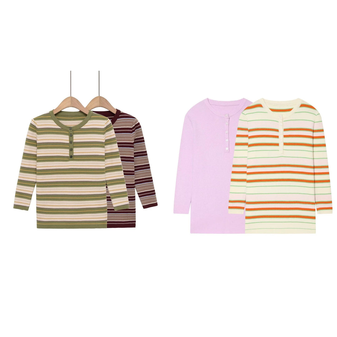 Women Striped Ribbed Henley Shirt with Button Placket and Slim Fit Mune Fashion