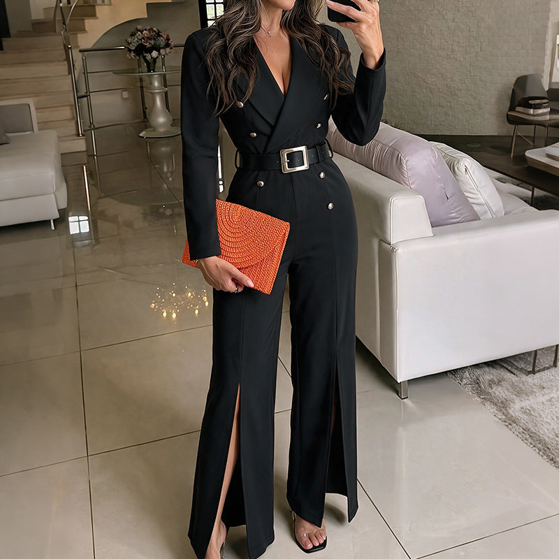 Women Elegant Jumpsuit with Belt and Slit Mune Fashion