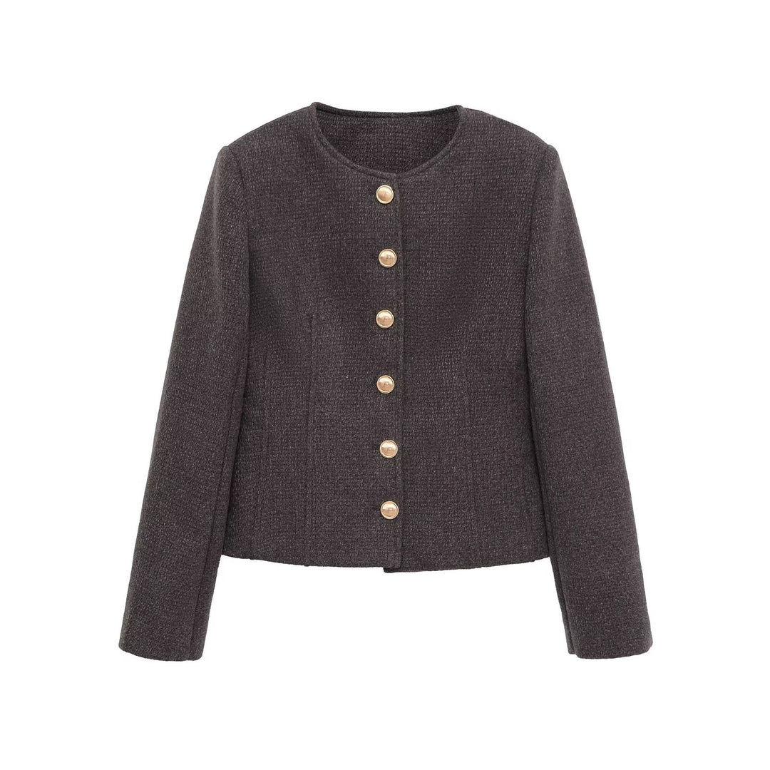 Ladies short blazer made of bouclé with round neckline and golden decorative buttons Mune Fashion