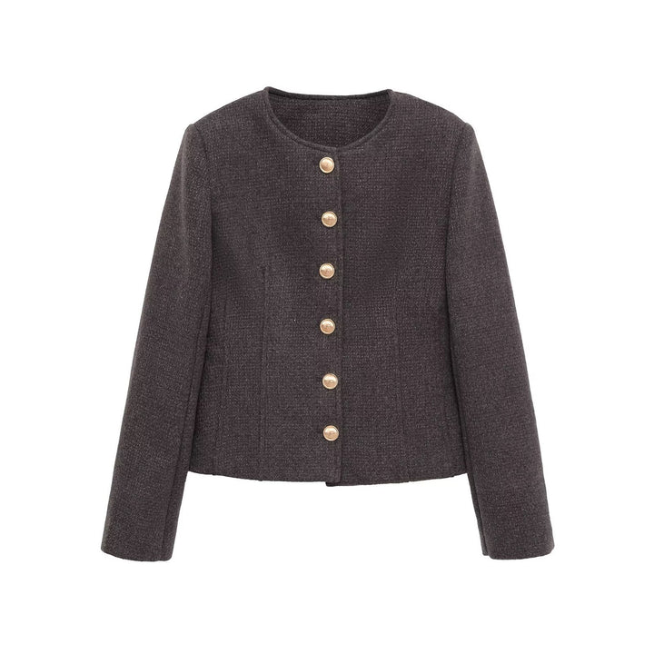 Ladies short blazer made of bouclé with round neckline and golden decorative buttons Mune Fashion