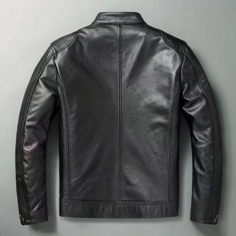 Men's leather jacket in vintage biker style with chest pockets and zipper Mune Fashion