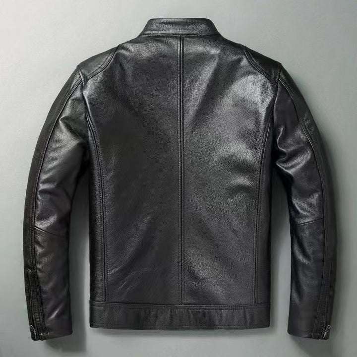 Men's leather jacket in vintage biker style with chest pockets and zipper Mune Fashion