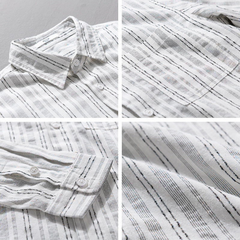 Men's Lightweight Linen-Cotton Shirt in Striped Relief with Kent Collar and Chest Pocket Mune Fashion