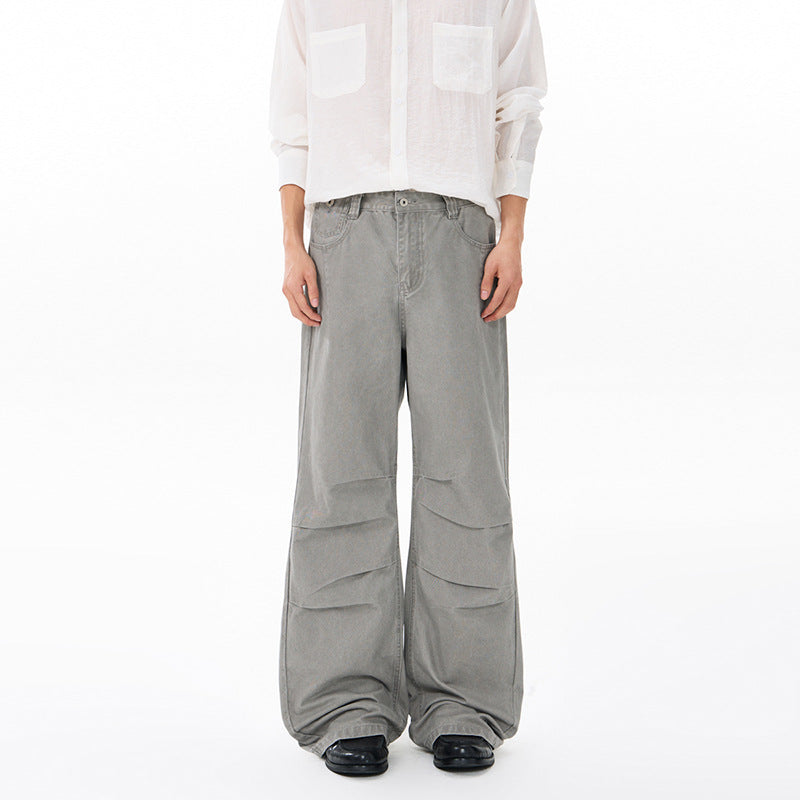 Men's Wide Relaxed Twill Pants with a Low Crotch, Floor-Length Silhouette, and Belt Loops Mune Fashion