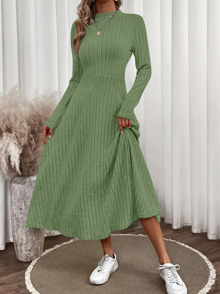 Women's Ribbed Knit Midi Dress with High Mock Neck and Tailored A-Line Shape