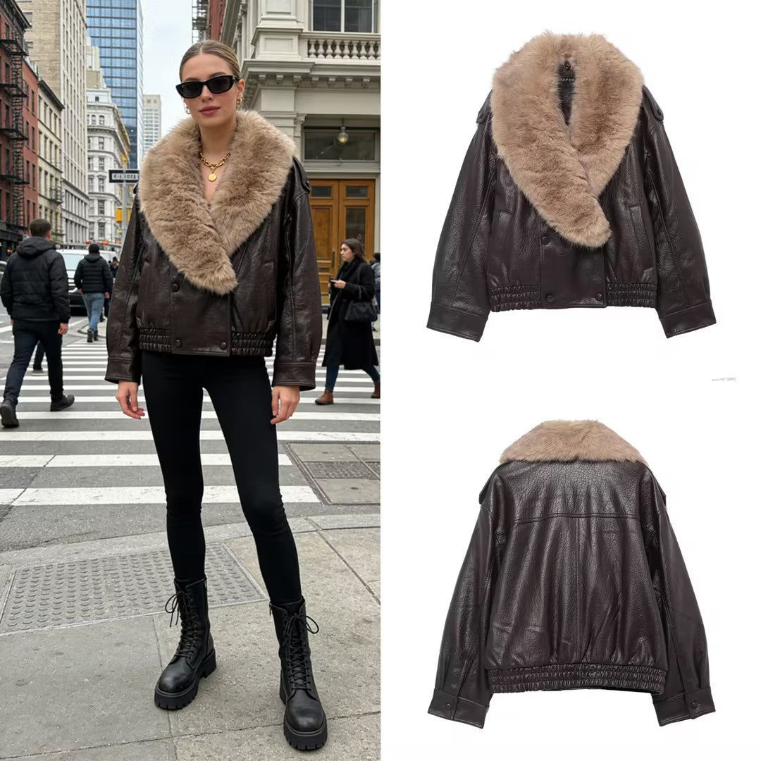 Women's Cropped Leather Jacket with voluminous Fur Collar and Waist Smock Mune Fashion