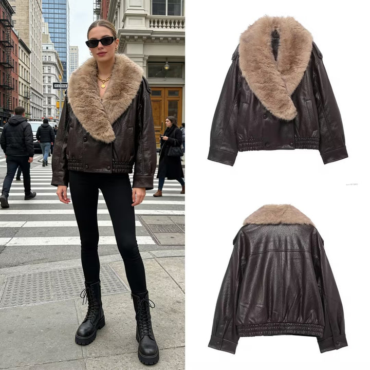 Women's Cropped Leather Jacket with voluminous Fur Collar and Waist Smock Mune Fashion