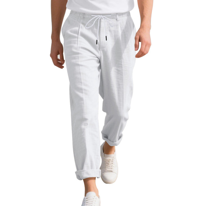 Men's beach-suitable linen blend lounge pants with elastic drawstring, subtle pleat, and rolled ankle hem Mune Fashion