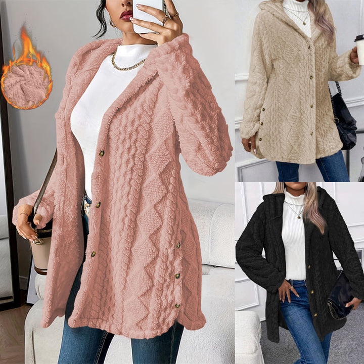 Women’s Oversized Knitted Coat with Hood, Jacquard Structure and Button Placket Mune Fashion
