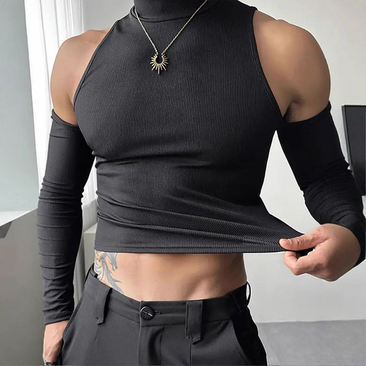 Women's fitted fine knit top with stand-up collar, shoulder cutouts, and long sleeves Mune Fashion