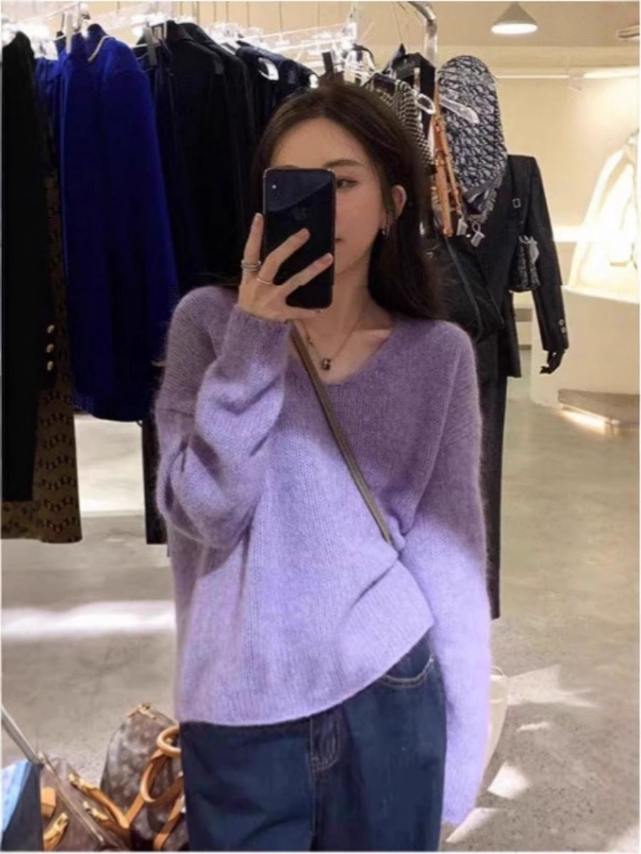 Women Oversize V-neck Mohair-look Pullover with Angora-look and dropped shoulder Mune Fashion