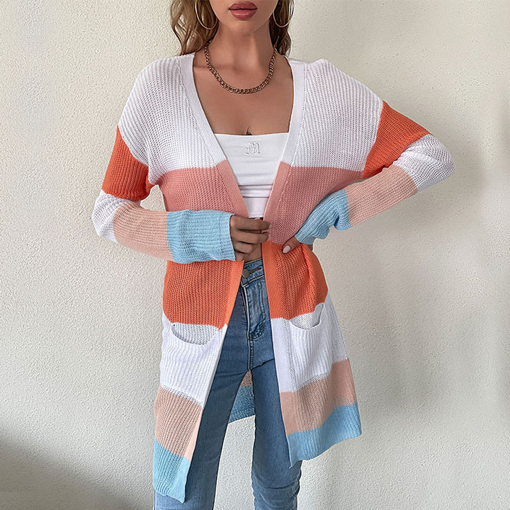 Ladies Striped Knit Cardigan Mune Fashion