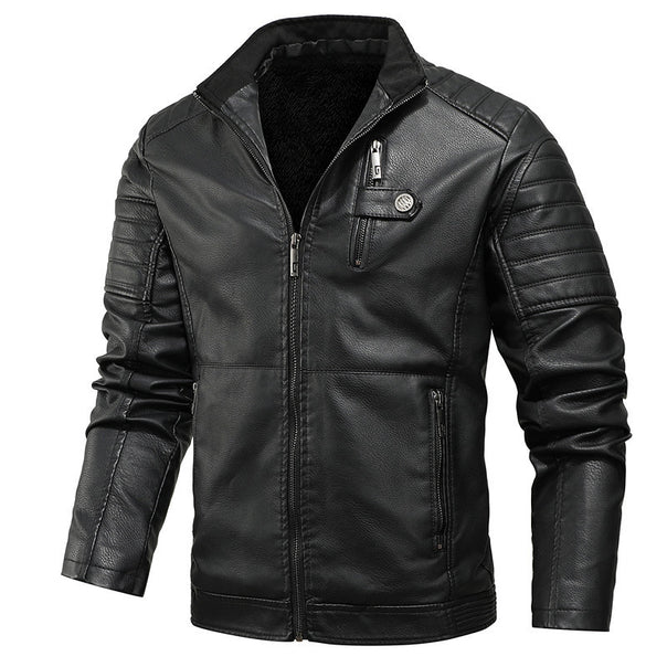Men's slim artificial leather field blazer with stand-up collar, chest flap pockets, and zipper Mune Fashion