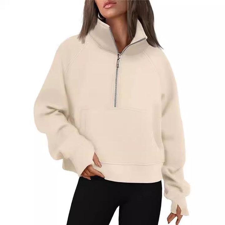 Women's cropped half-zip sweatshirt with high stand-up collar, kangaroo pocket, and drop shoulder Mune Fashion