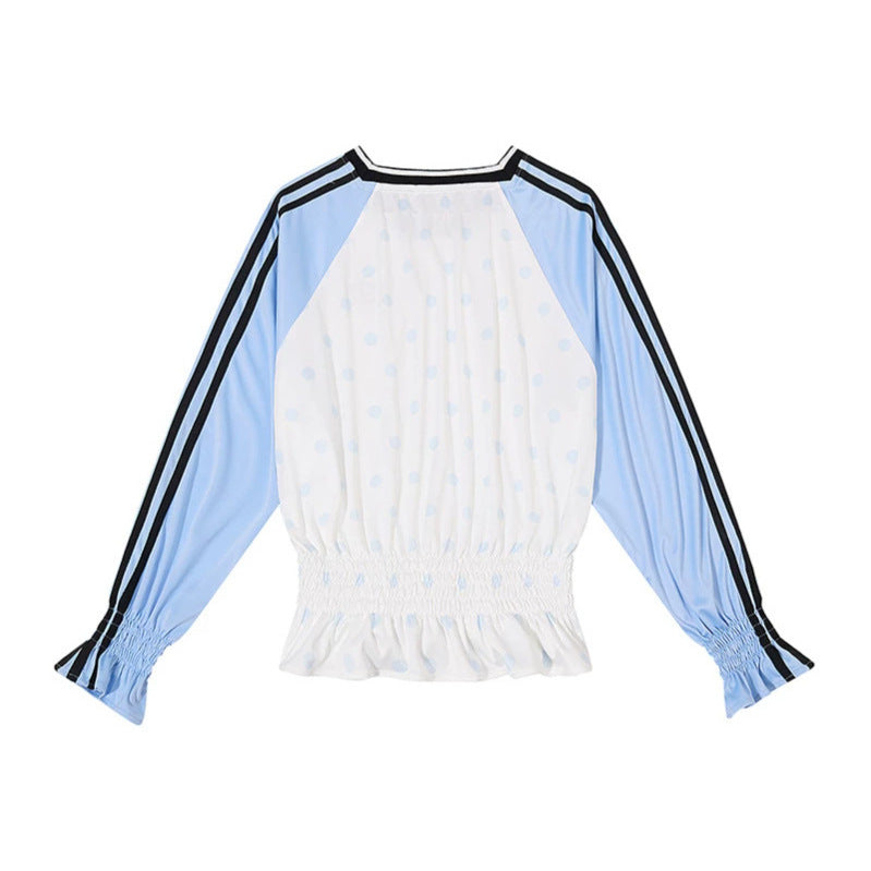 Women's Sporty Long Sleeve Shirt with Raglan Sleeves, Smocked Waistband and V-Neck Dress