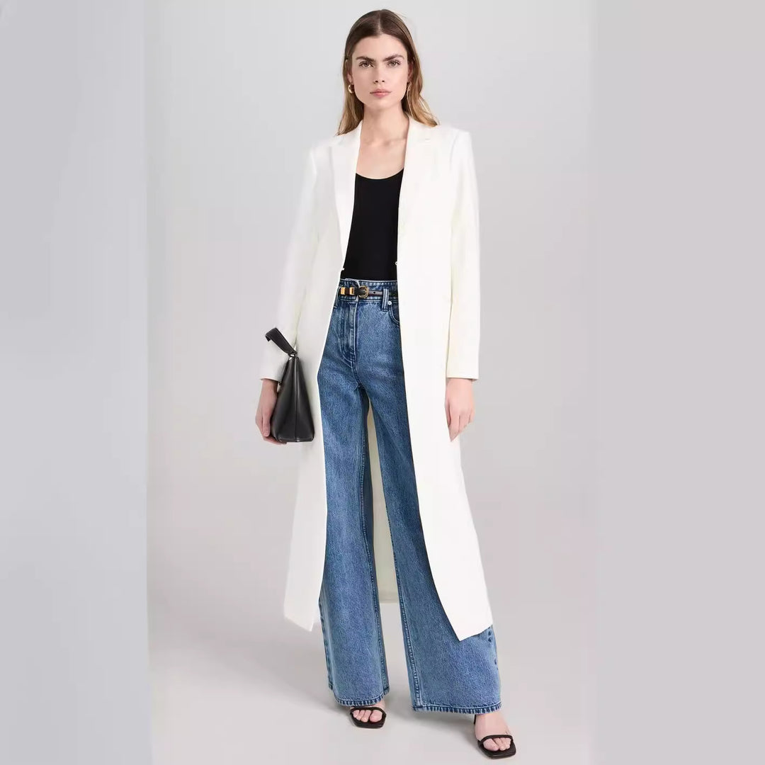 Women's Longline Blazer Coat with Open Front Slit and Slim Silhouette Mune Fashion