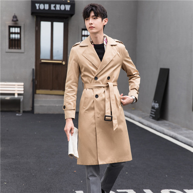 Men Water-repellent Trench Coat with Double Row, Classic Lapels and Waist Belt Mune Fashion