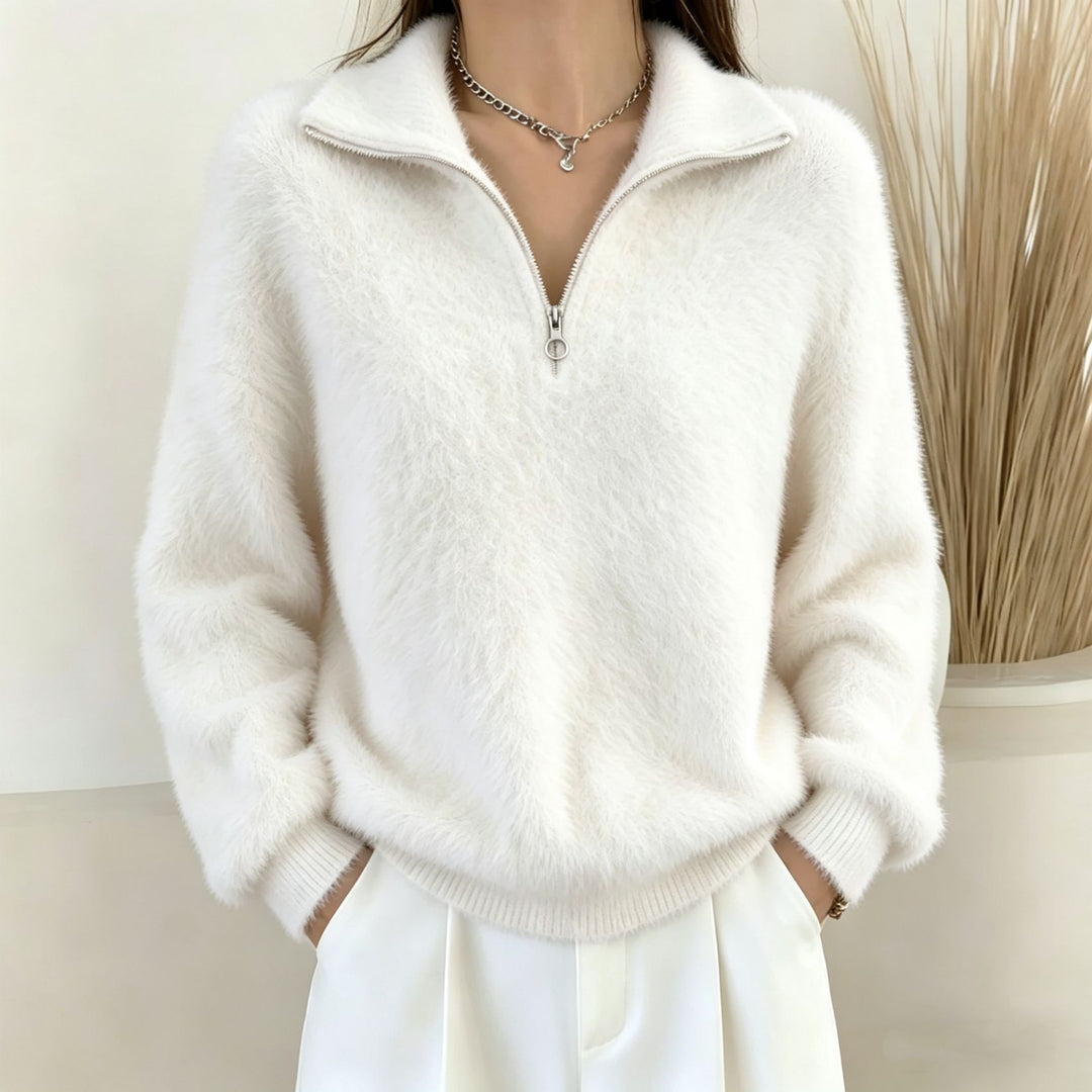 Women's Fluffy Half-Zip Sweater with Stand-Up Collar Mune Fashion