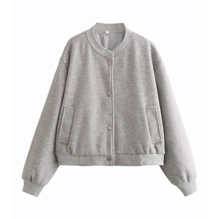 Women's short cut wool look bomber jacket with ribbed cuffs and snap button placket Mune Fashion