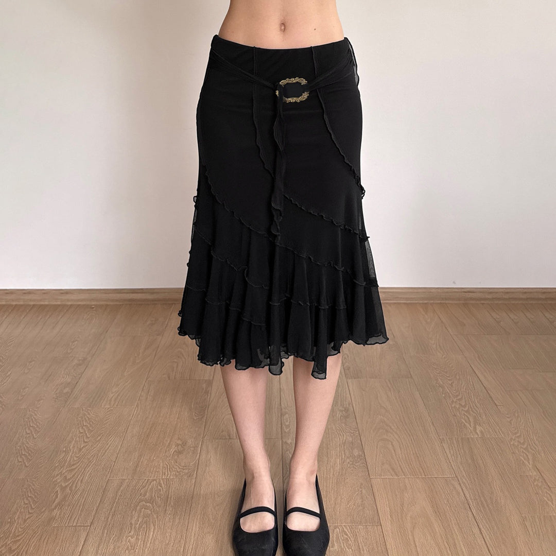 Women's midi skirt made of chiffon with layers, asymmetrical seam lines and decorative belt Mune Fashion