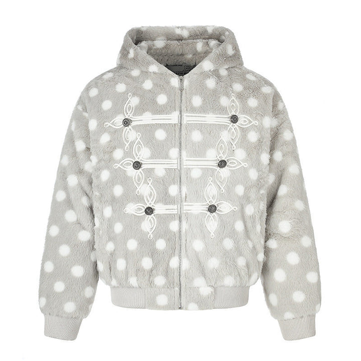 Women’s bomber-style hooded fleece jacket with polka dots and decorative frog button details Mune Fashion