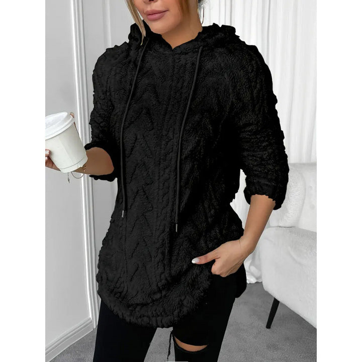 Women Cozy Teddy Hoodie with Cable Knit Pattern Drawstring and Rounded Hem Mune Fashion