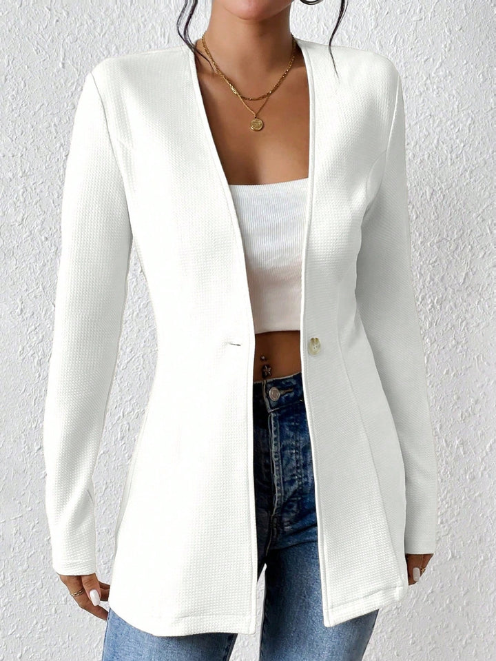 Ladies Tailored Long Blazer with V-Neck and One-Button Closure Mune Fashion