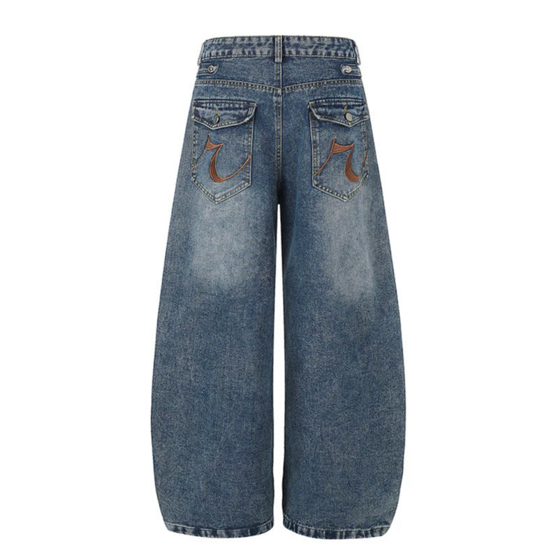 Women's Wide Denim Palazzo Jeans with Decorative Stitching and Decorative Button Details Mune Fashion