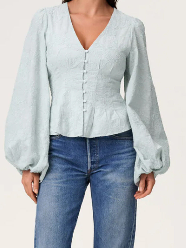 Women's jacquard lace blouse with fitted peplum and balloon sleeves Mune Fashion