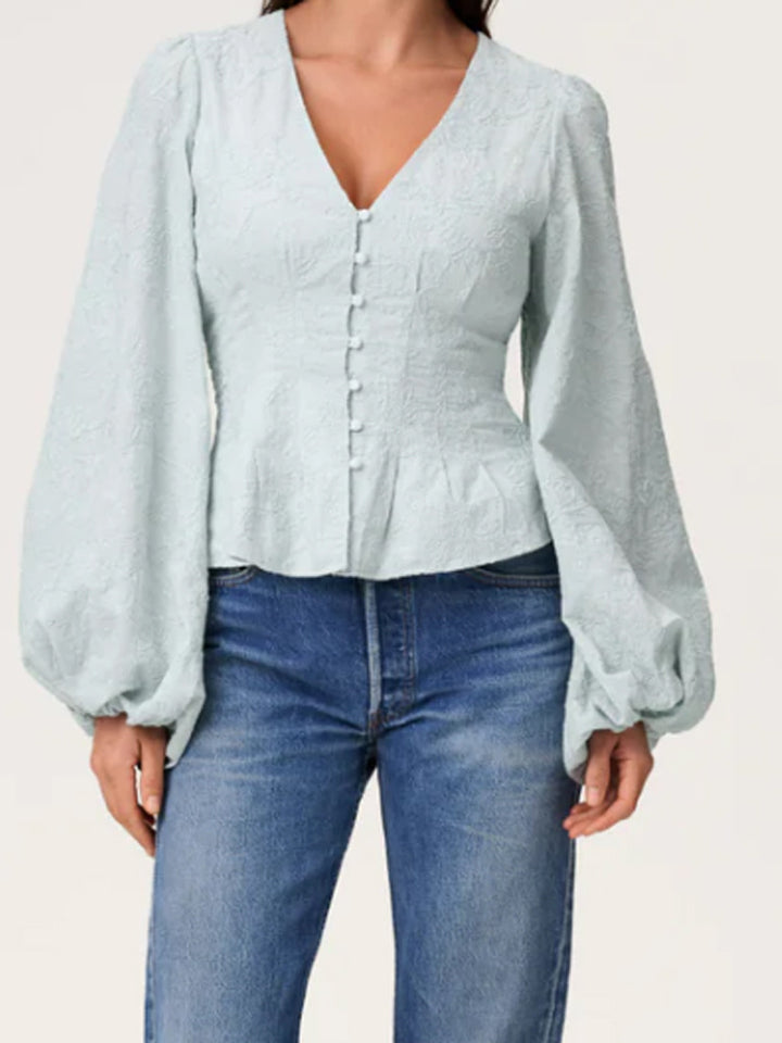 Women's jacquard lace blouse with fitted peplum and balloon sleeves Mune Fashion