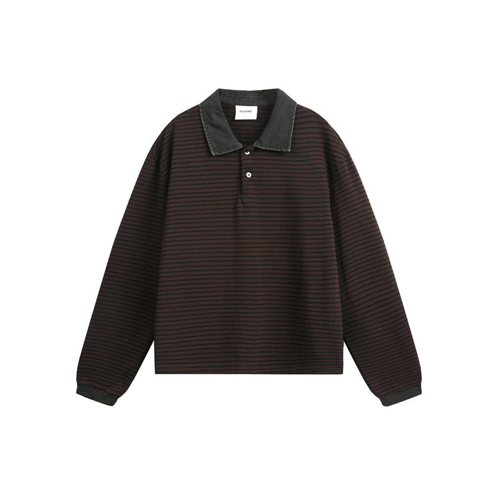 Unisex Relaxed Rugby Polo Shirt with Cord Collar and Fine Striped Knitting Mune Fashion