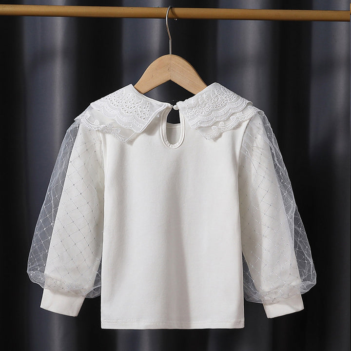 Girls fashionable blouse with elegant tulle sleeves and artistic lace decoration Mune Fashion