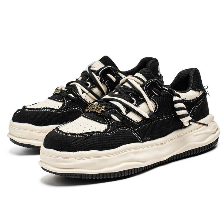 Women's denim platform sneaker with contrast stitching, padded wave sole and embellished lacing details Mune Fashion